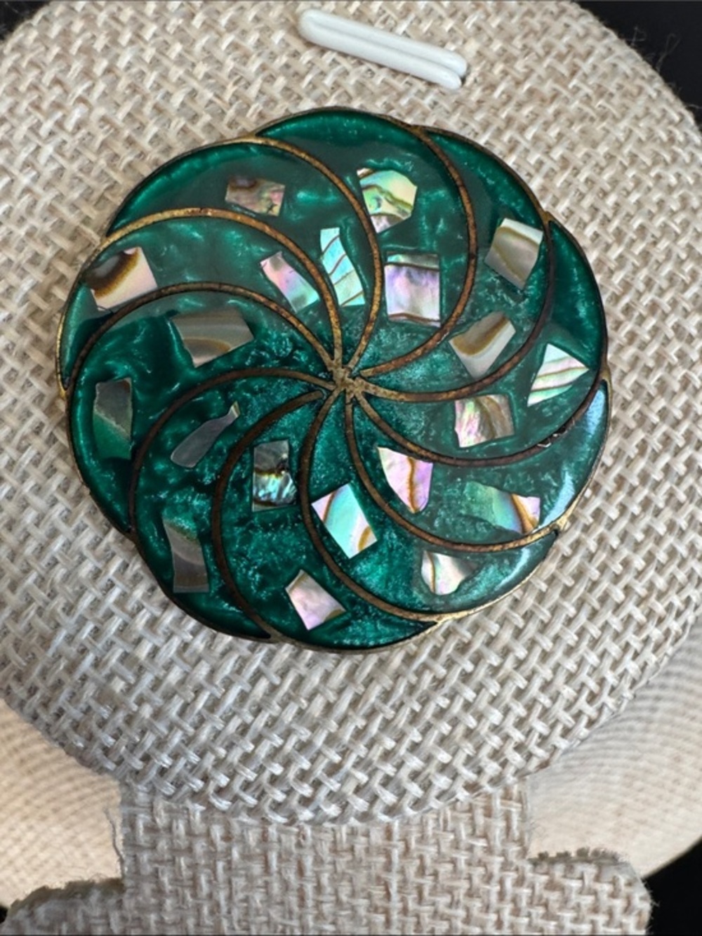 VTG Mexican Alpaca Silver Round Green Brooch Pin